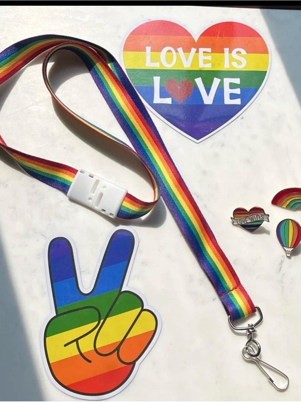 Rainbow Pride Lanyard with Heart & Peace magnets plus 3 Pride Pins!